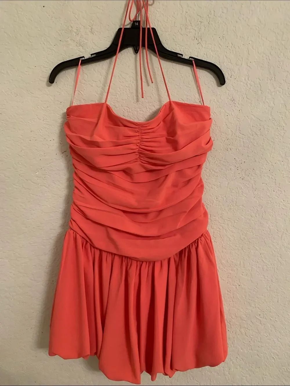 NWT Lucy Paris Coral Pink Smocked Top Ruched Bubble Hem Halter Mini Dress Size M